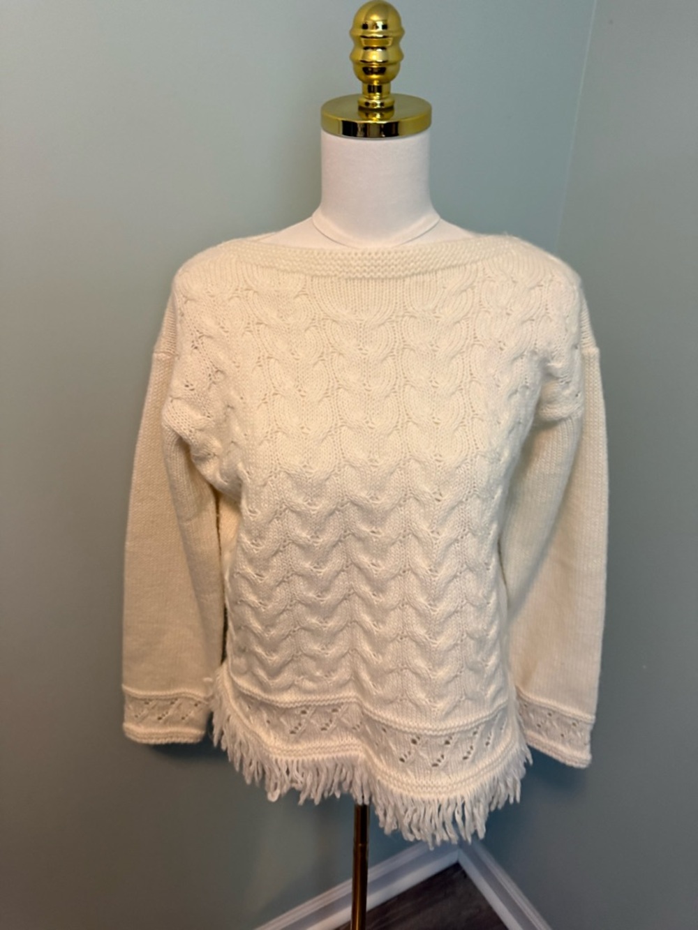 Elsamanda Italy Wool Alpaca Cable Knit Fringe Sweater Cream Boho Chic Luxury L‎